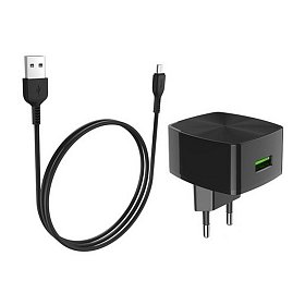 Зарядное устройство Hoco C70A Cutting-Edge (1USB, 3А) QC3.0 Black (6931474706645) + кабель MicroUSB