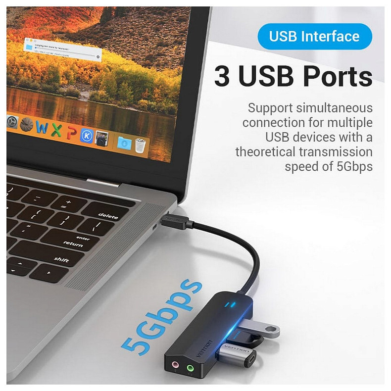 Хаб USB 3.1 Type-C -> 3xUSB 3.0+MicroUSB+3.5mm Sound Adapter чорний Vention