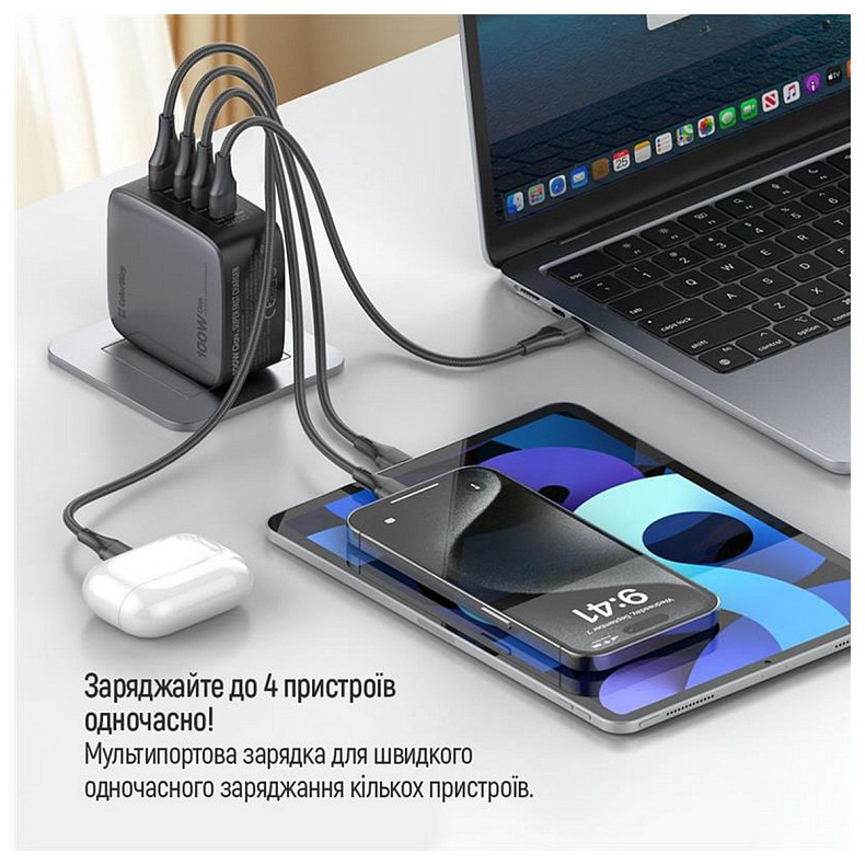 Зарядний пристрій ColorWay Power Delivery GaN (USB-A + 3USB TYPE-C) 100W Black (CW-CHS047P)