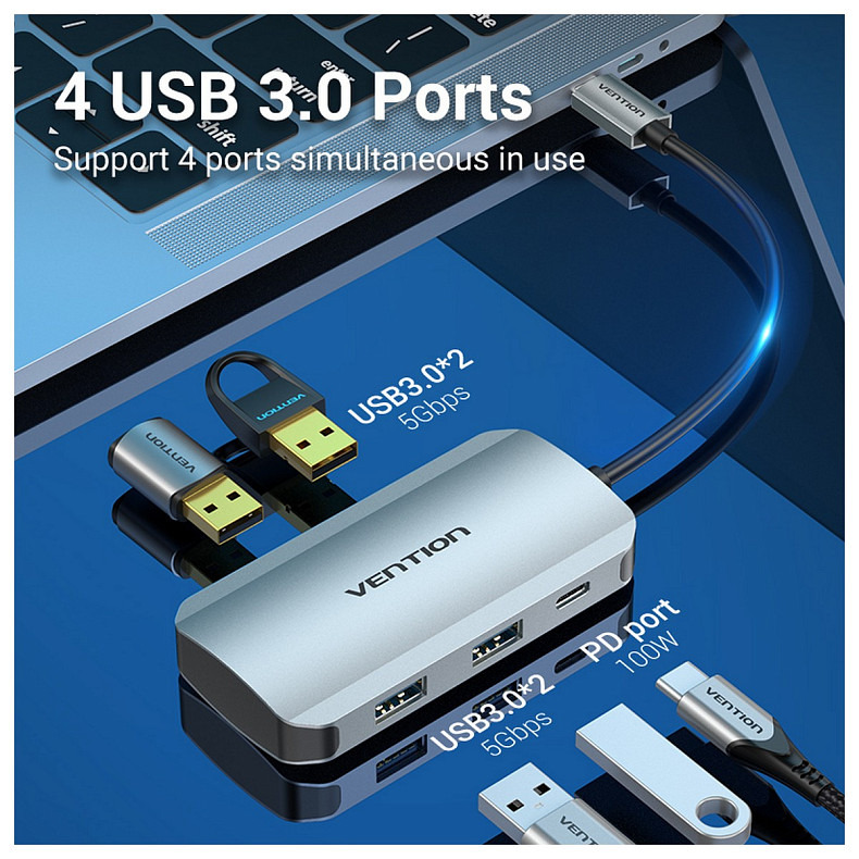 Хаб USB 3.1 Type-C -> 4хUSB 3.0/PD 100W 5-in-1 Vention