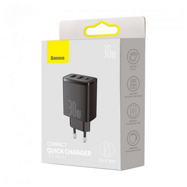 Зарядний пристрій Baseus Compact Quick Charger 30W QC+ PD (1Type-C + 2USB) Black (CCXJ-E01)