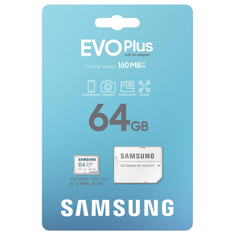 Карта пам'яті MicroSDXC 64GB UHS-I/U3 Class 10 Samsung Evo Plus R160MB/s + Адаптер SD (MB-MC64SA/EU)