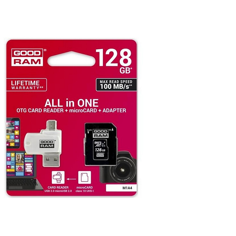 Карта памяти MicroSDXC 128GB UHS-I Class 10 Goodram + SD-adapter + OTG Card reader (M1A4-1280R12)