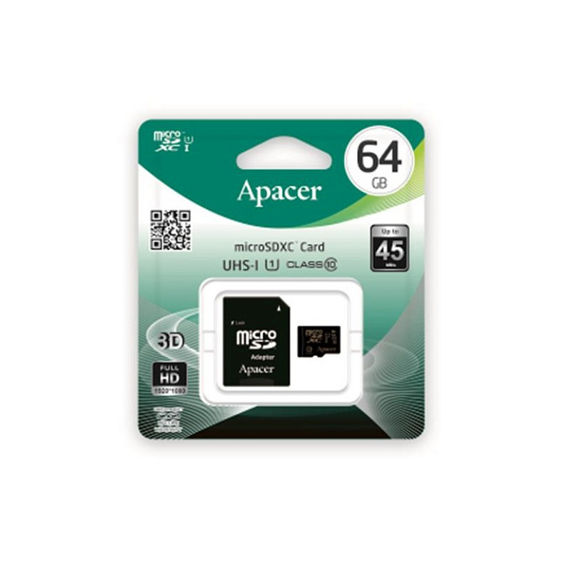 Карта пам'яті APACER 64GB MicroSDXC UHS-I Class 10 + SD adapter (AP64GMCSX10U1-R)