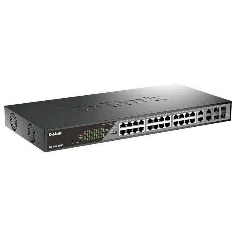 Комутатор D-Link DSS-200G-28MP 24xGE PoE, 4xSFP/GE, 370W, Некерований