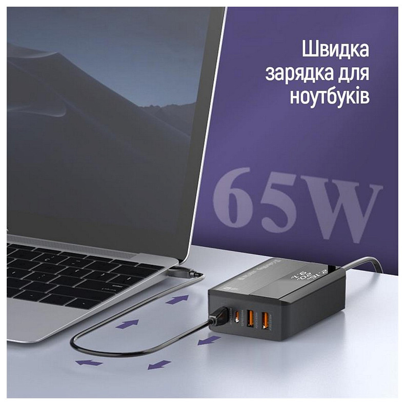 Сетевое зарядное устройство ColorWay Power Delivery (2USB-A + 2USB TYPE-C) (65W) Black (CW-CHS040PD-