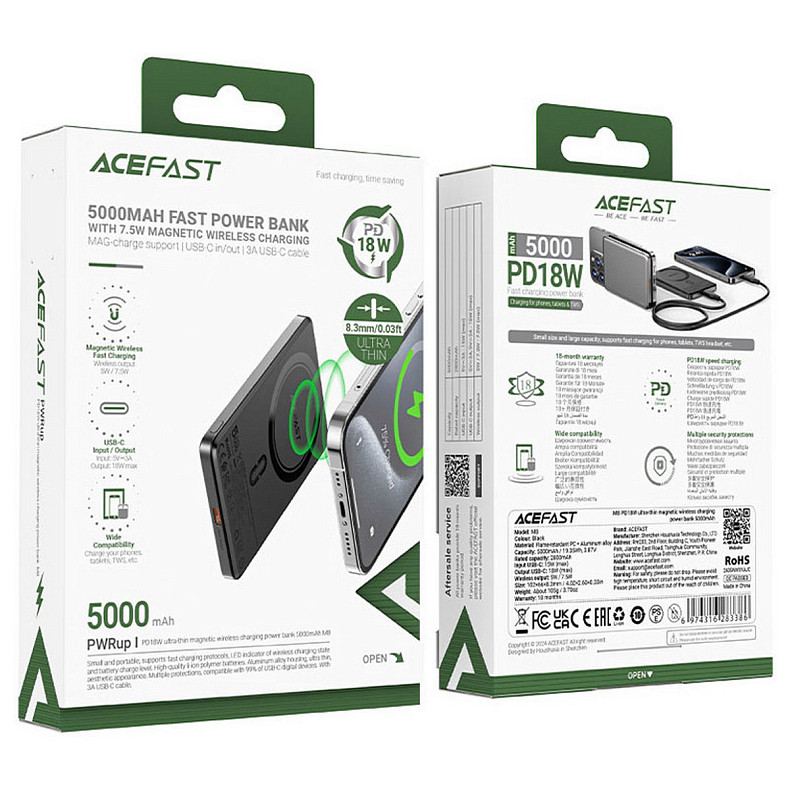 УМБ Acefast Magnetic Wireless 5000mAh 18W PD,QC 3.0,7,5 Вт, ultra thin, QI M8 Black