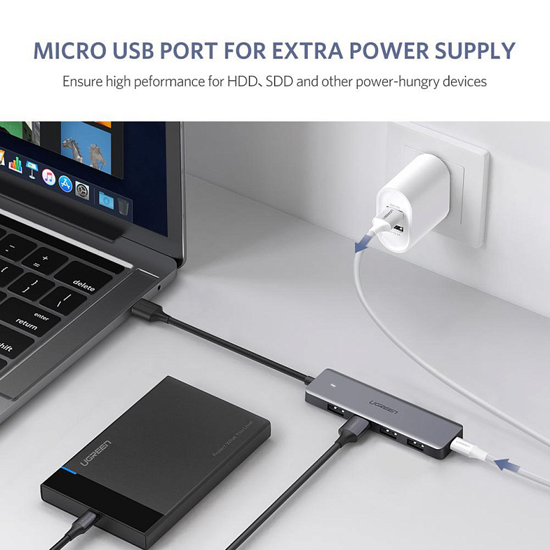 Хаб Ugreen CM219 USB 3.0 -> 4xUSB 3.0 active, с питанием Type-C, 15см