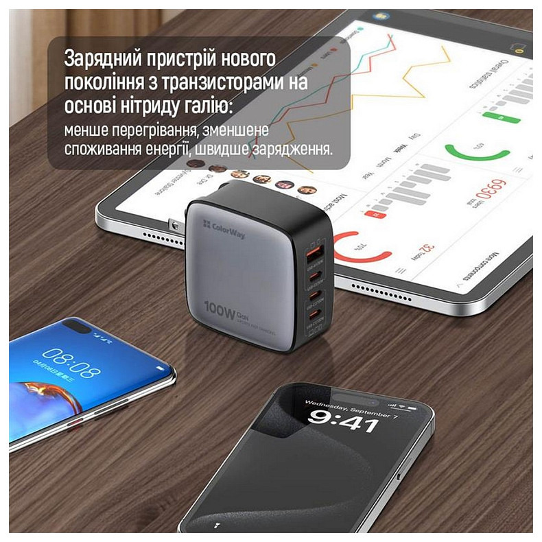 Зарядний пристрій ColorWay Power Delivery GaN (USB-A + 3USB TYPE-C) 100W Black (CW-CHS047P)