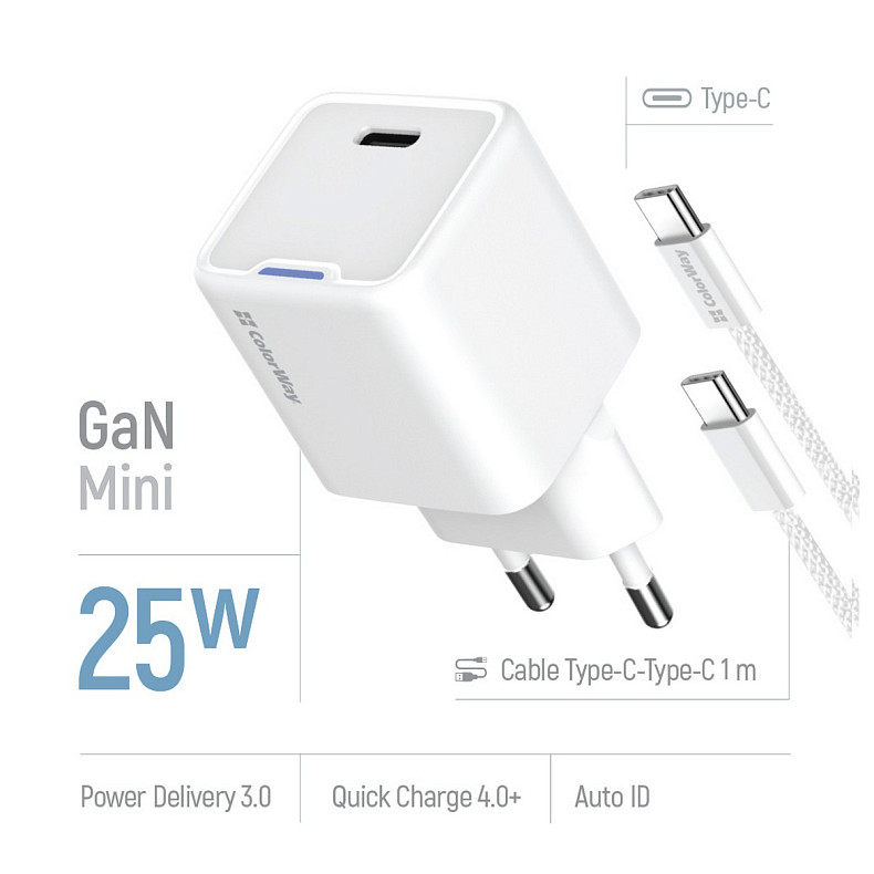 Сетевое зарядное устройство ColorWay GaN Mini 25W PD Port PPS USB-C White (CW-CHS052PDC-WT) + кабель