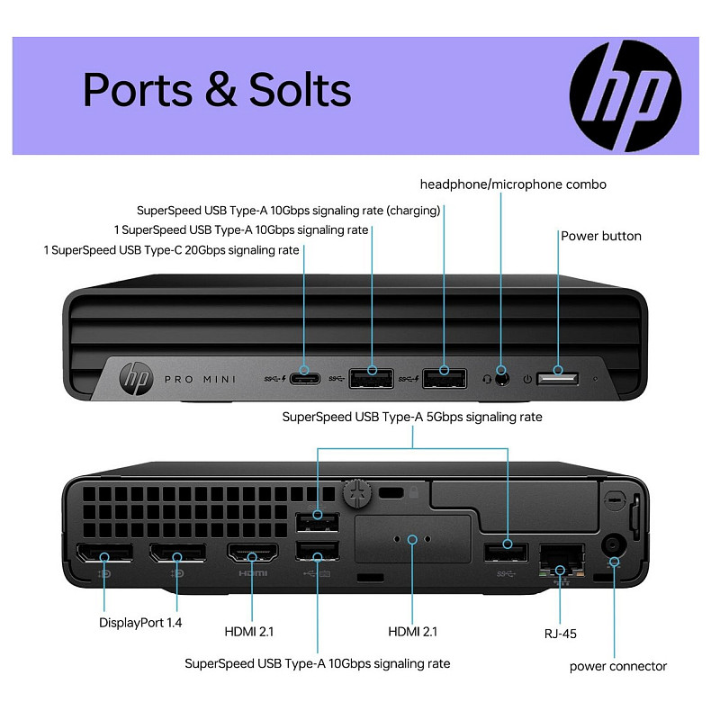Неттоп HP Pro 400-G9 Mini, Intel i3-13100T, 8GB, F512GB, UMA, WiFi, кл+м, 3р,