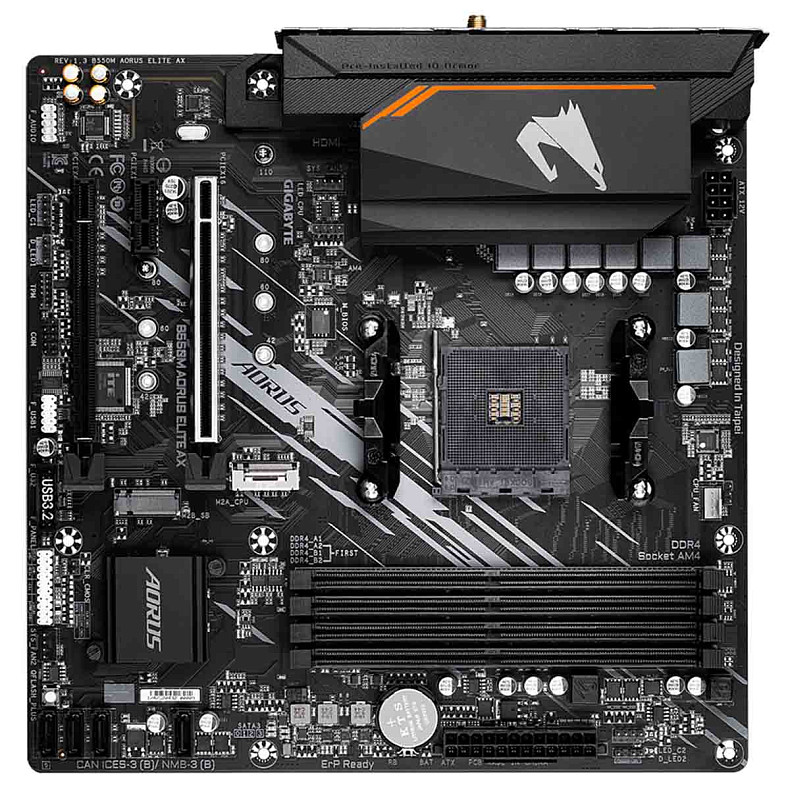 Материнська плата Gigabyte sAM4 AMD B550 HDMI/DVI 2xM.2 GbE Lan mATX B550M AORUS ELITE AX