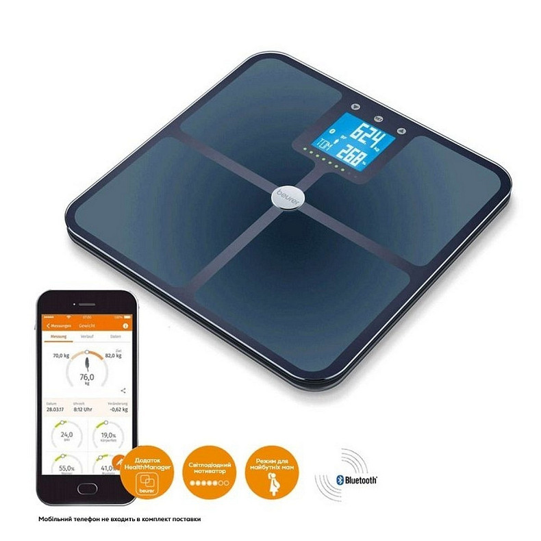 Весы Beurer напольные, 180кг, подкл. к смартфону, смысл. упр., анализ тела, 4хААА в комплекте, ст.