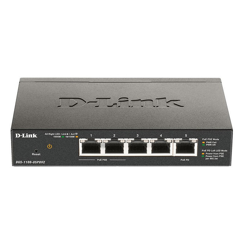 Комутатор D-Link DGS-1100-05PD 5xGE, (2xGE, 2xGE PoE, 1xGE PD), EasySmart