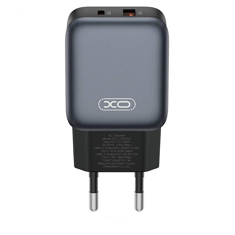 Зарядний пристрій XO L154 (1USB-С, 1USB, 3А) PD, QC 3.0 Black (L154.black)