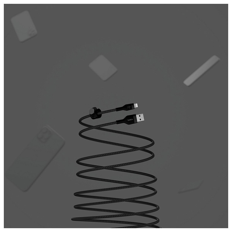 Кабель Belkin USB-A - Lightning плетений, силіконовий, з ремінцем на магніті, 1м, Black