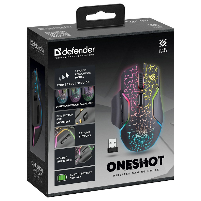 Мишка Defender Oneshot GM-067, бездротова, ігрова, 7 кн, LED 3200 dpi,чорна