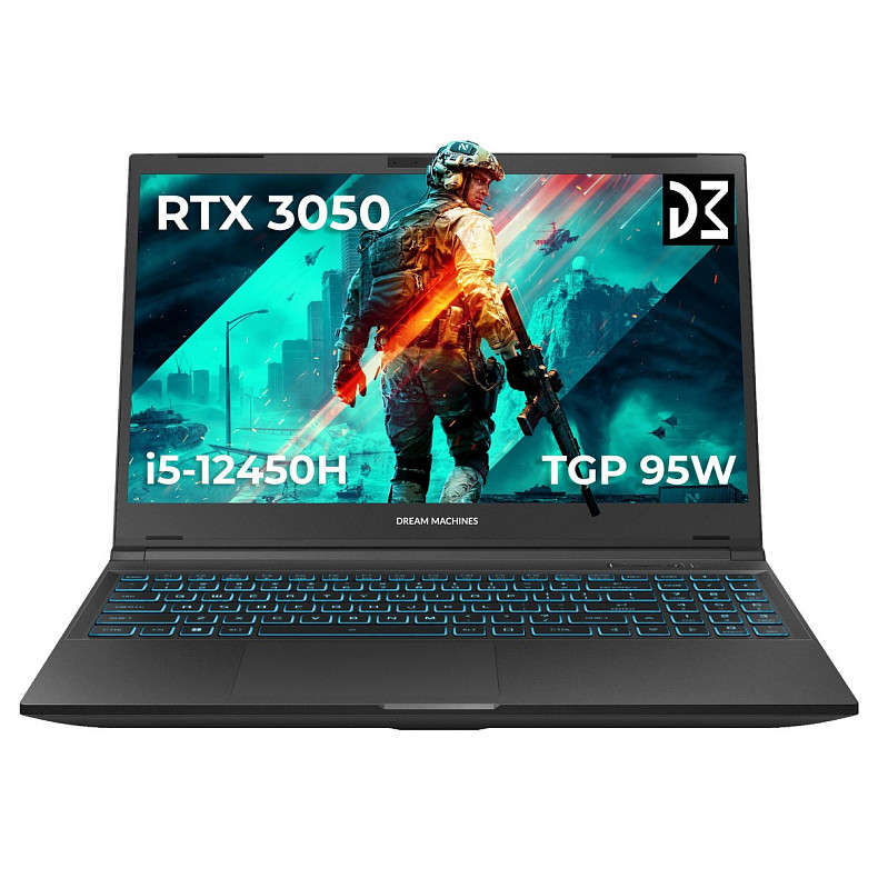 Ноутбук Dream Machines RG3050-15 15.6FHD IPS, Intel i5-12450H, 16GB, F1TB, NVD3050-4, DOS, чорний