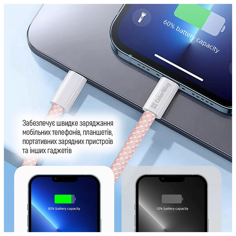 Кабель ColorWay Lightning + USB Type-C (M/M), 3.0 А, 1 м, Pink (CW-CBPDCL061-P)