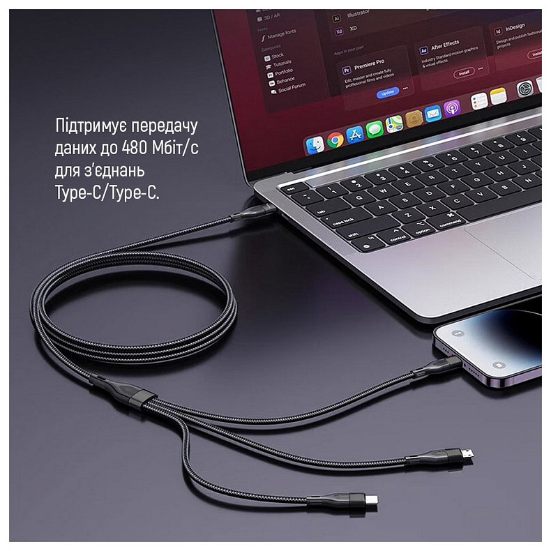 Кабель ColorWay Lightning + micro USB + USB Type-C (M/M), 3.0 А, 1.2 м, Black (CW-CBPDU3060-BK)