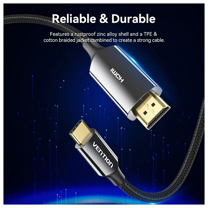 Кабель USB 3.1 Type-C M - HDMI M, 1.8m 8K 60 Гц Zinc Alloy TPE Black Vention