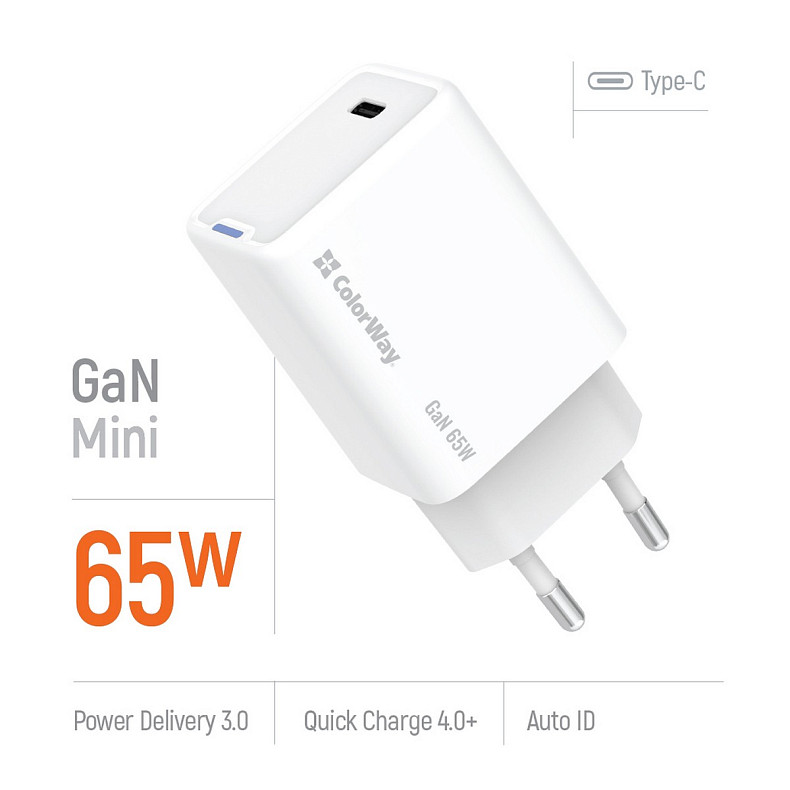 Зарядний пристрій ColorWay GaN Mini 65W PD Port PPS USB-C White (CW-CHS049PD-WT)