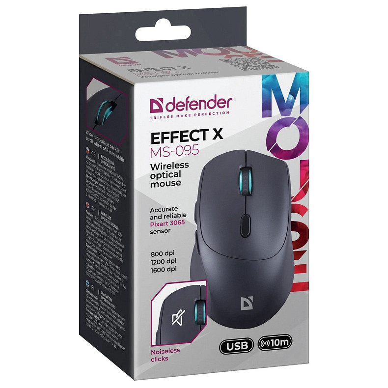 Мишка Defender Effect X MS-095, бездротова, 6 кн. до 1600 dpi, безшумна, чорна