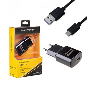 Сетевое зарядное устройство Grand-X (1USBx3А) QC3.0 Black (CH-550TC) + кабель USB-TypeC