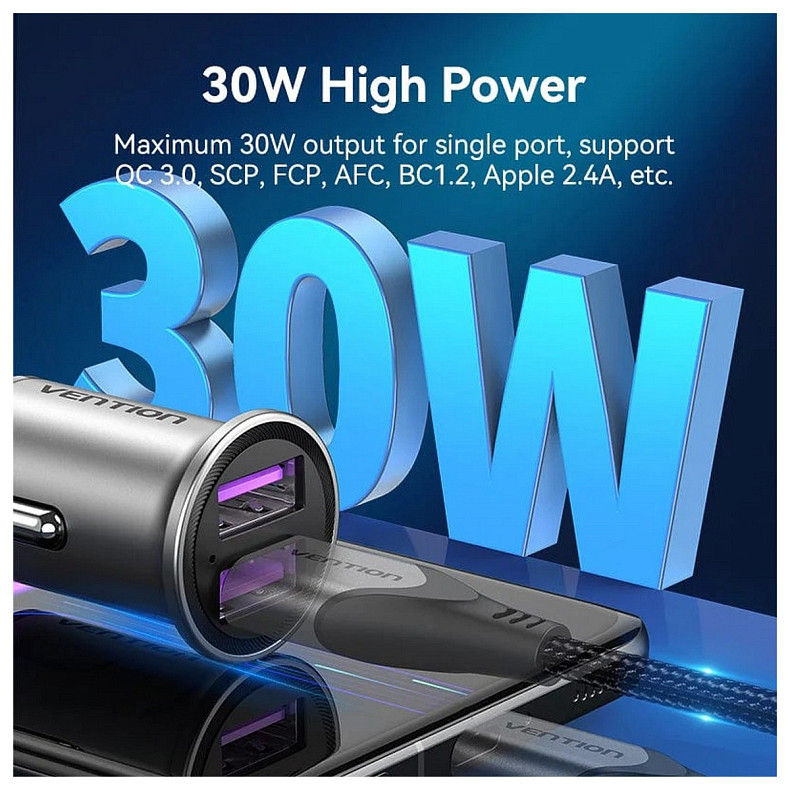 Автозарядка 2USB-A 30W QC3.0 Gray Mini Style Aluminium Alloy Type Vention