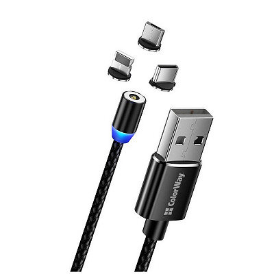 Кабель ColorWay Magnetic USB-Lightning/MicroUSB/USB-C, 2.4А, 1м, Black (CW-CBUU020-BK)