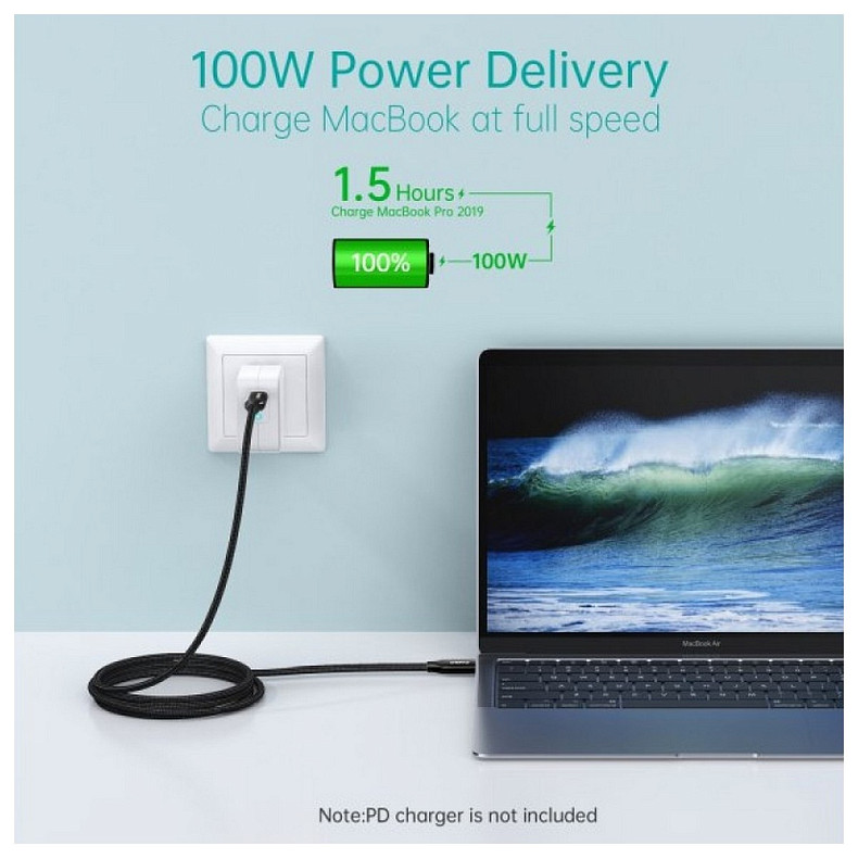 Кабель USB 3.1 Gen2 Type-C M-M, 2.0 м, (100W,4K60Hz) оплетка, черный Choetech