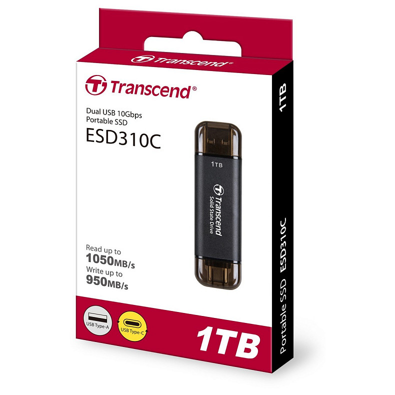 Портативний SSD Transcend 1TB USB 3.1 Gen 2 Type-A + Type-C ESD310 Чорний