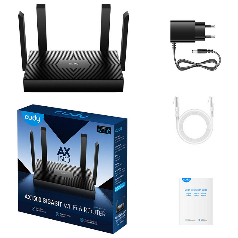 Wi-Fi Роутер Cudy WR1500, AX1500 Gigabit Wi-Fi 6, 2.4GHz, 4x10/100/1000Mbps, WPA3, 4x5dBi fixed ant