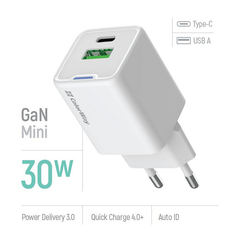 Сетевое зарядное устройство ColorWay GaN Mini 30W PD Port PPS USB (Type-C PD + USB QC4.0) White (CW-