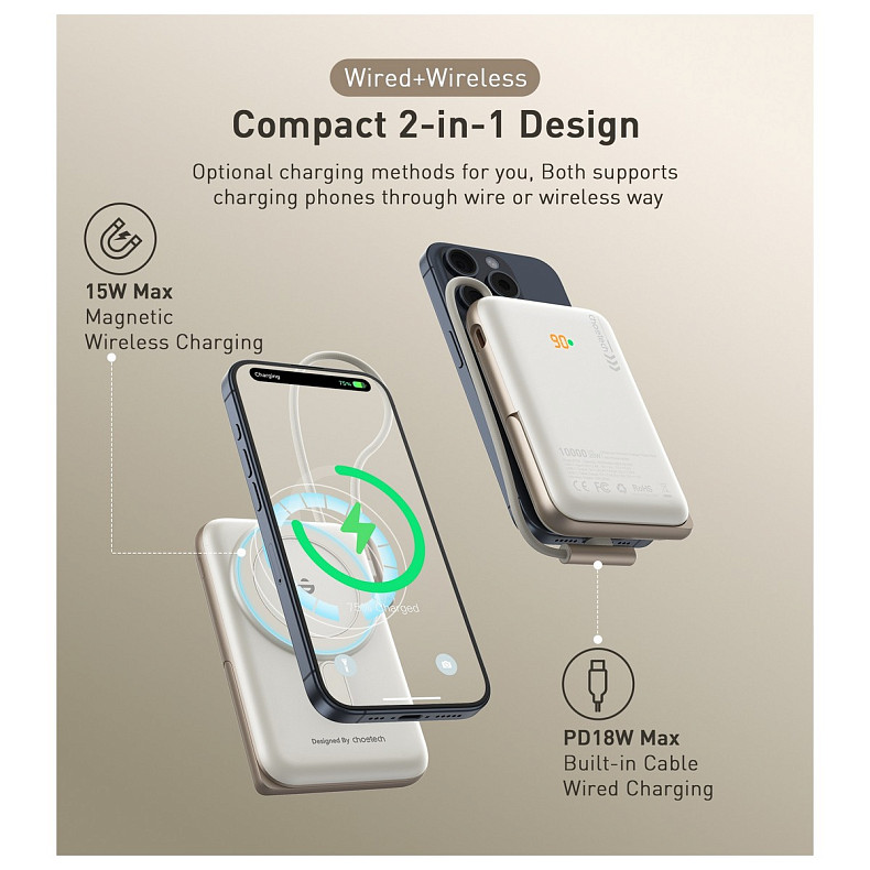 УМБ Choetech Magnetic Wireless 10000mAh 20W PD USB-C In/Out Qi-15W