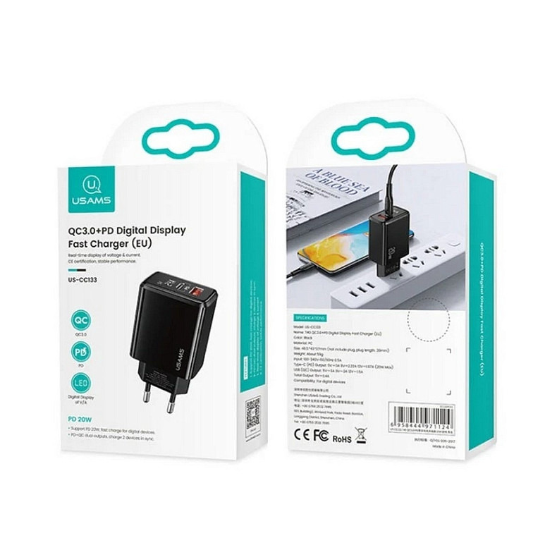 Зарядний пристрій Usams US-CC133 (1USB, 1USB Type-C) 20W PD + QC3.0 Black (CC133TC01)