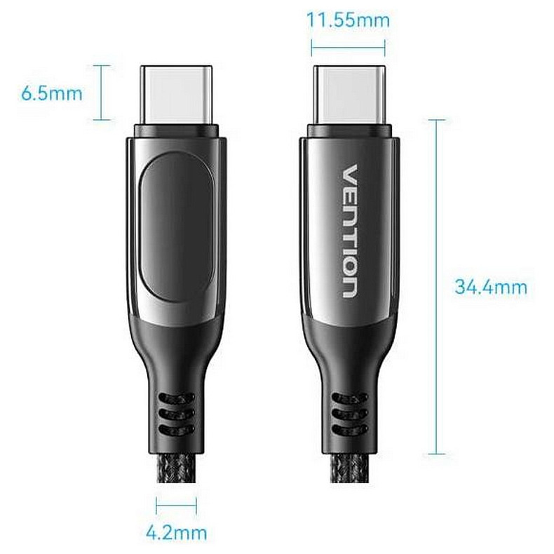 Кабель USB 3.1 Type-C M-M, 1.2 м, 100W, З дисплеєм Чорний Zinc Alloy Vention