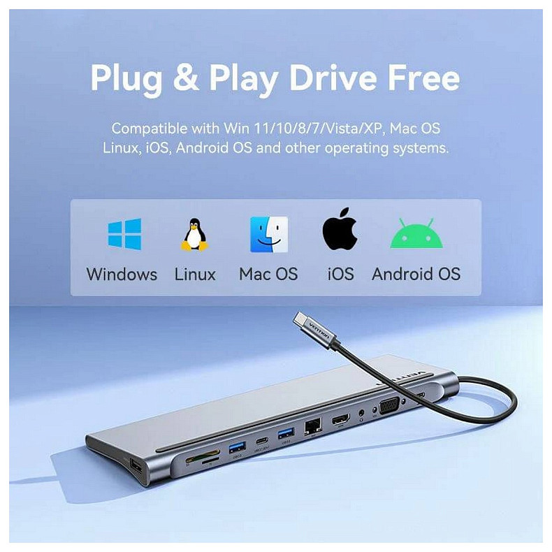 Док-станция USB3.1 Type-C --> HDMI/VGA/USB3.0x3/RJ45/SD/TF/TRRS 3.5mm/PD 100W Vention 11in1