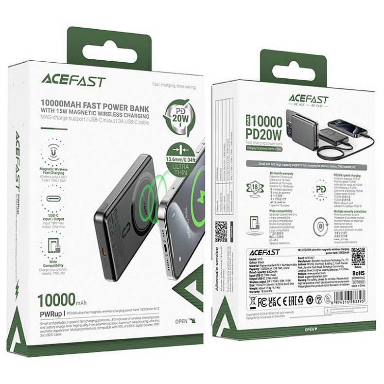 УМБ Acefast Magnetic Wireless 10000mAh 20W PD, QC 3.0, QI 15W M12 Black
