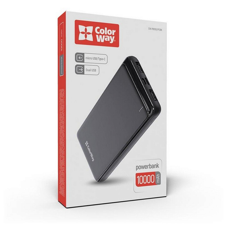 Универсальная мобильная батарея ColorWay Slim 10000mAh Black (CW-PB100LPF2BK)