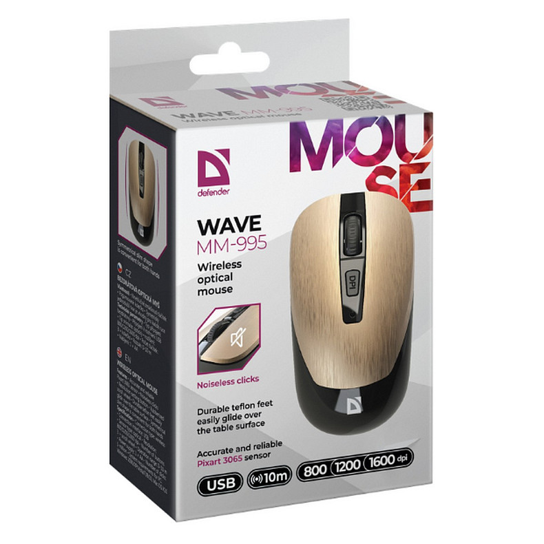 Мышь DEFENDER (52994) Wave MM-995, 4D, 800-1600dpi, GOLD, wireless, silent