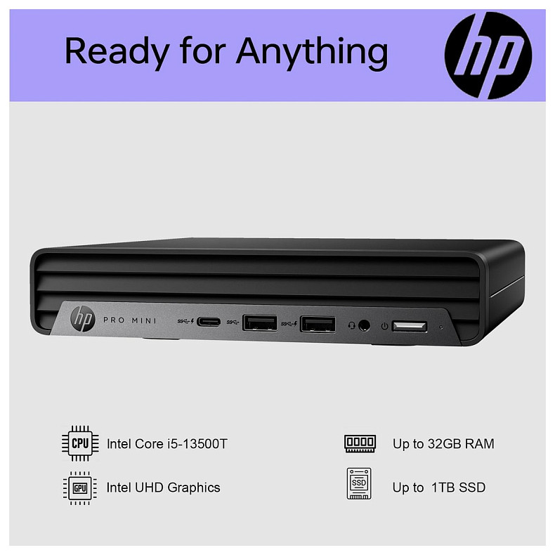 Неттоп HP Pro 400-G9 Mini, Intel i3-13100T, 8GB, F512GB, UMA, WiFi, кл+м, 3р,
