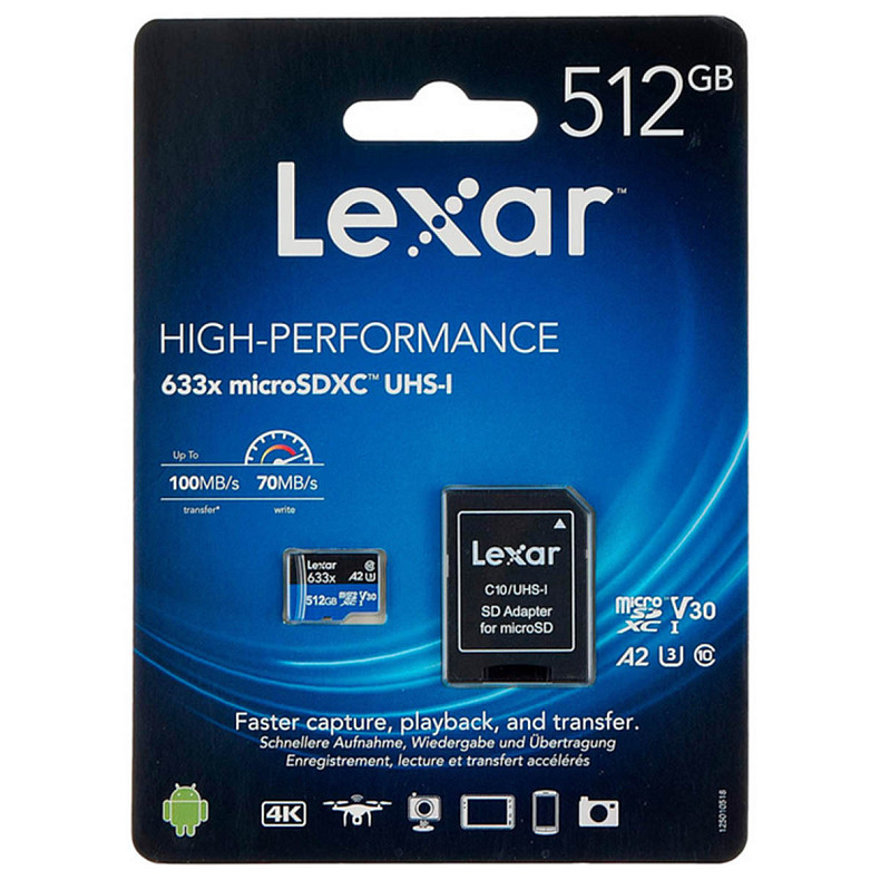 Карта памяти LEXAR MICRO SDXC 512GB UHS-I W/ADAPTER (LSDMI512BB633A)