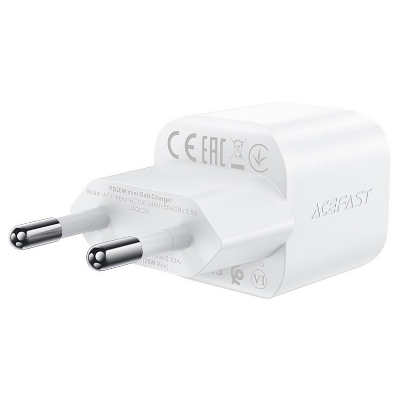 Зарядний пристрій USB-C 20W Gan A73 mini + USB-C cable Fast Charger White Acefast