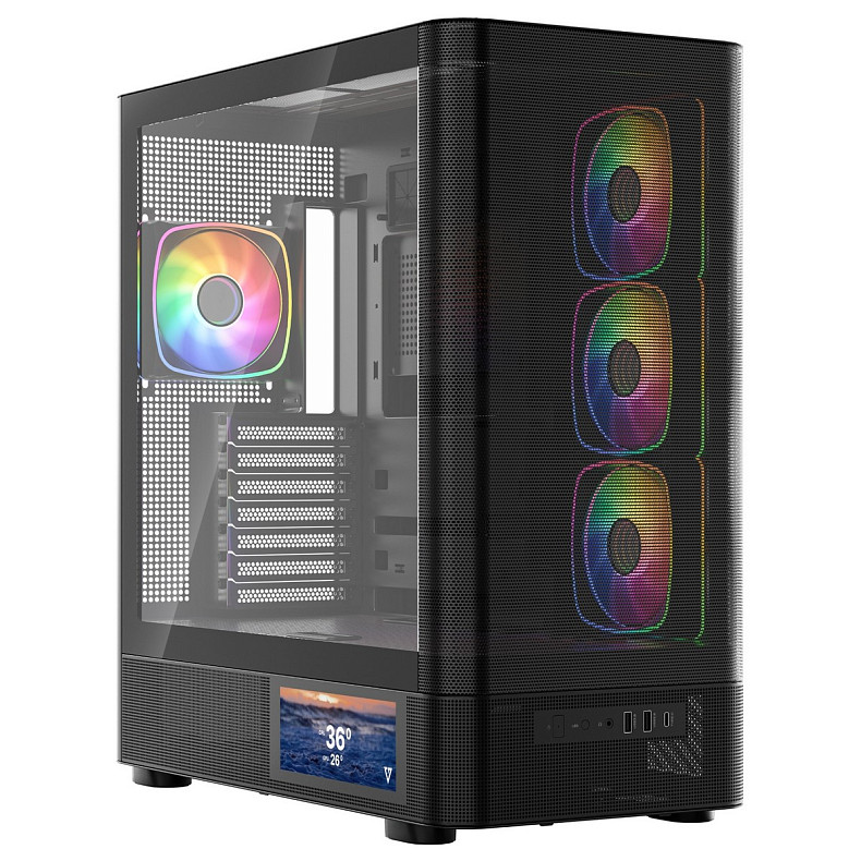 Корпус Modecom VOLCANO AQ400 ARGB MIDI SIDE LCD 6,2”, 4x120mm fans BLACK без БЖ ATX