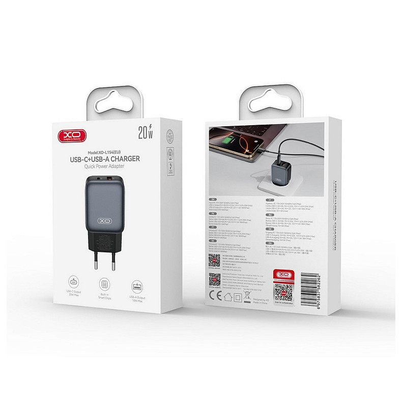 Зарядний пристрій XO L154 (1USB-С, 1USB, 3А) PD, QC 3.0 Black (L154.black)