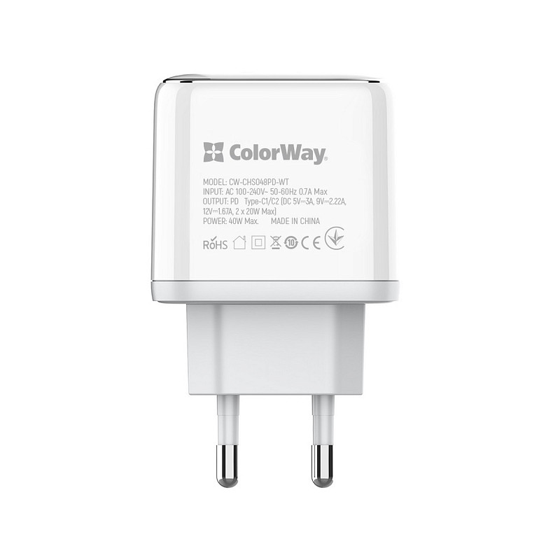 Сетевое зарядное устройство ColorWay Power Delivery Port PPS USB (Type-C PD + Type-C PD) (40W) White
