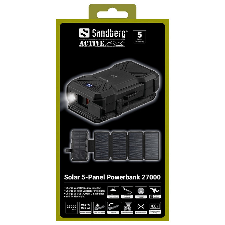 Універсальна мобільна батарея  сонячна 5-Panel 8W Sandberg PD 27000 mAh, 2xUSB-A, USB-C In/Out