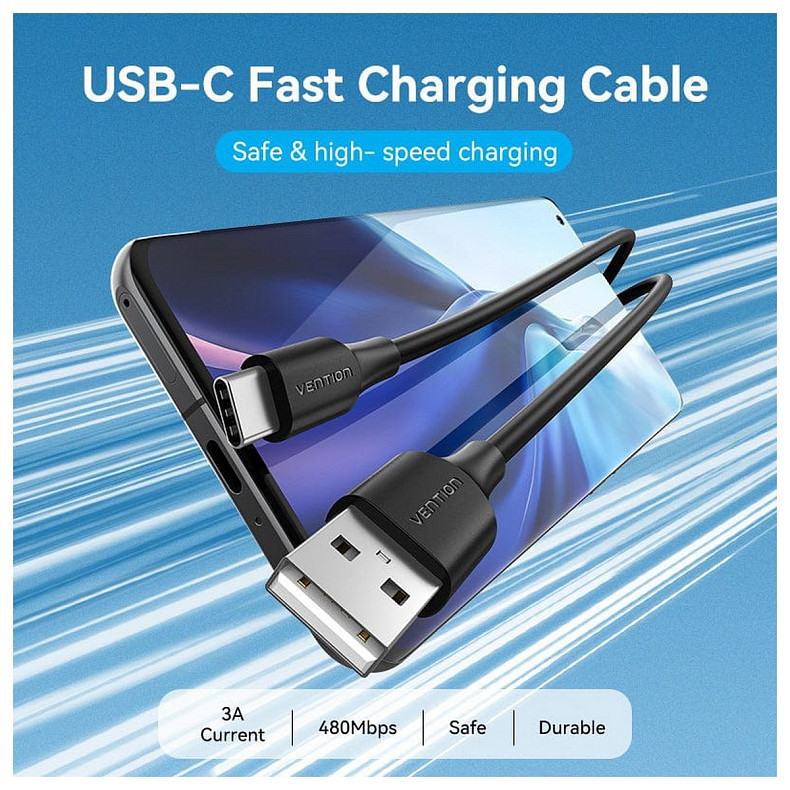 Кабель USB 2.0 AM-Type-C M, 1.5 м, 3.0A, (18W) PVC чорний Vention