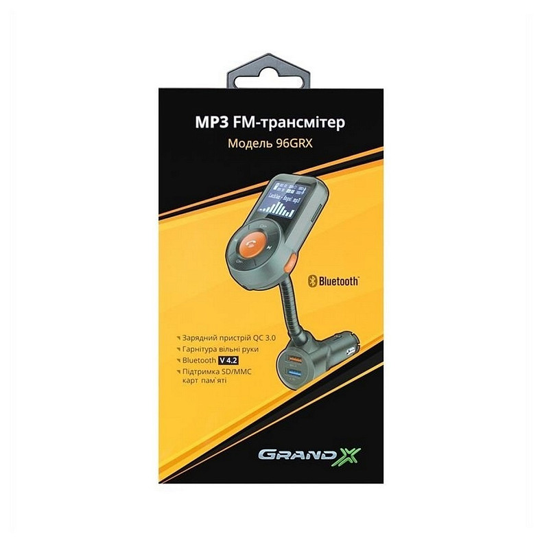 FM-трансмиттер Grand-X 96GRX, HSP, BT V4.2, 1USB QC3.0, 1USB 2,4А